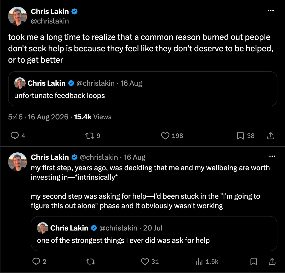 Tweets from Chris Lakin about burned-out people not seeking help, and asking for help being one of the strongest things he ever did